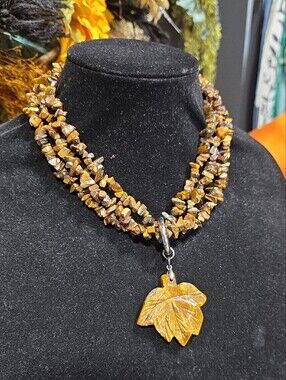 Handcrafted Tiger Eye Chunky Necklace with Tiger Eye Leaf Pendant